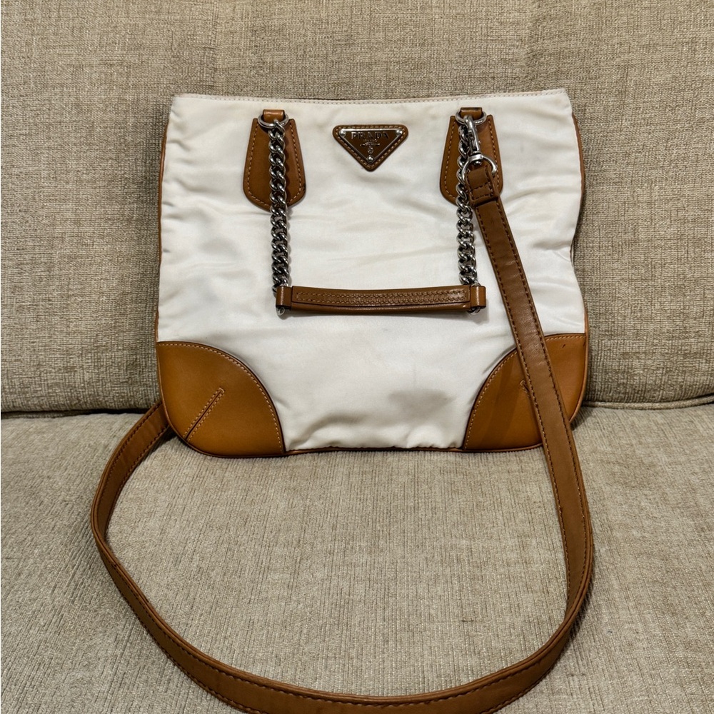 Prada Cream and Brown Chain-Accent Shoulder Bag